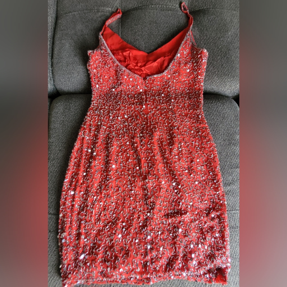 Red Sequin Mini Dress with Spaghetti Straps - Picture 2 of 4